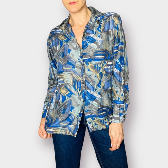 90s S.I.N.Y. Blue Aqua Gray Abstract Print Silk Shirt - Picture 3 of 9